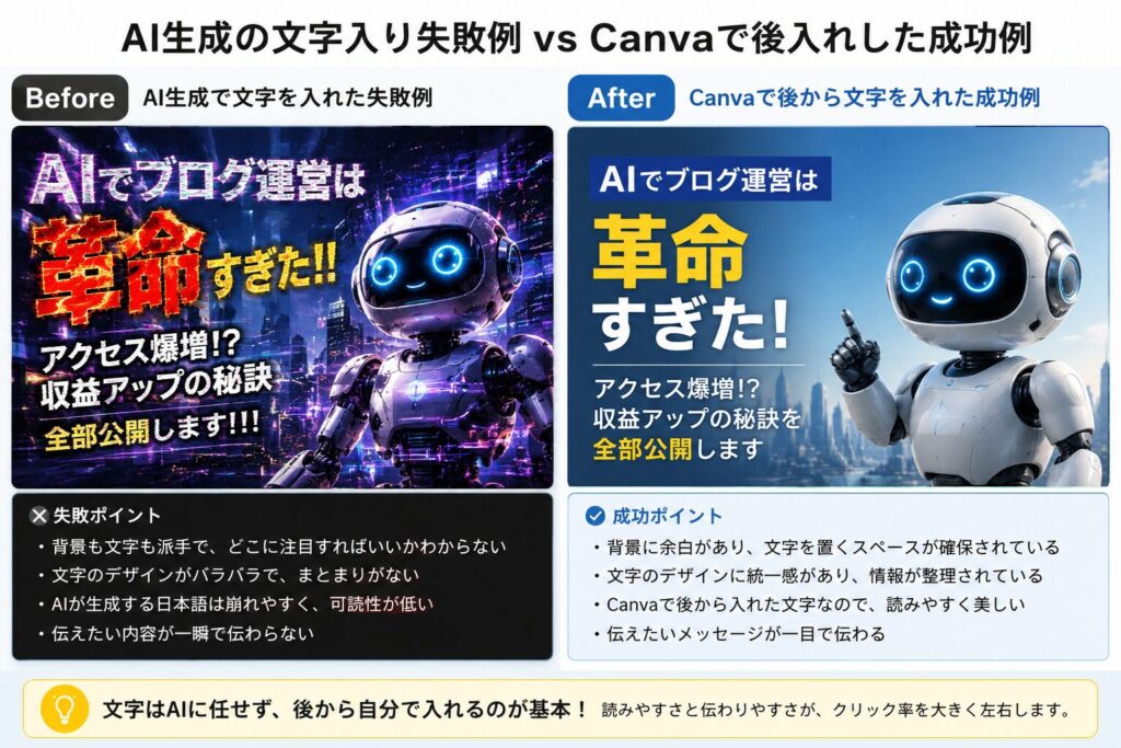 <!-- 画像⑥：AI生成の文字入り失敗例 vs Canvaで後入れした成功例（Before/After） -->